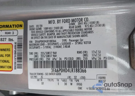 2020 Ford Fusion Se z USA, uszkodzony, nr VIN 3FA6P0HD4LR188366